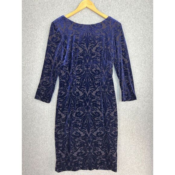 Ignite Evenings Size 10 Blue Velvet Burnout Dress Scoop Neck 3/4 Sleeves V-Back - Picture 2 of 14